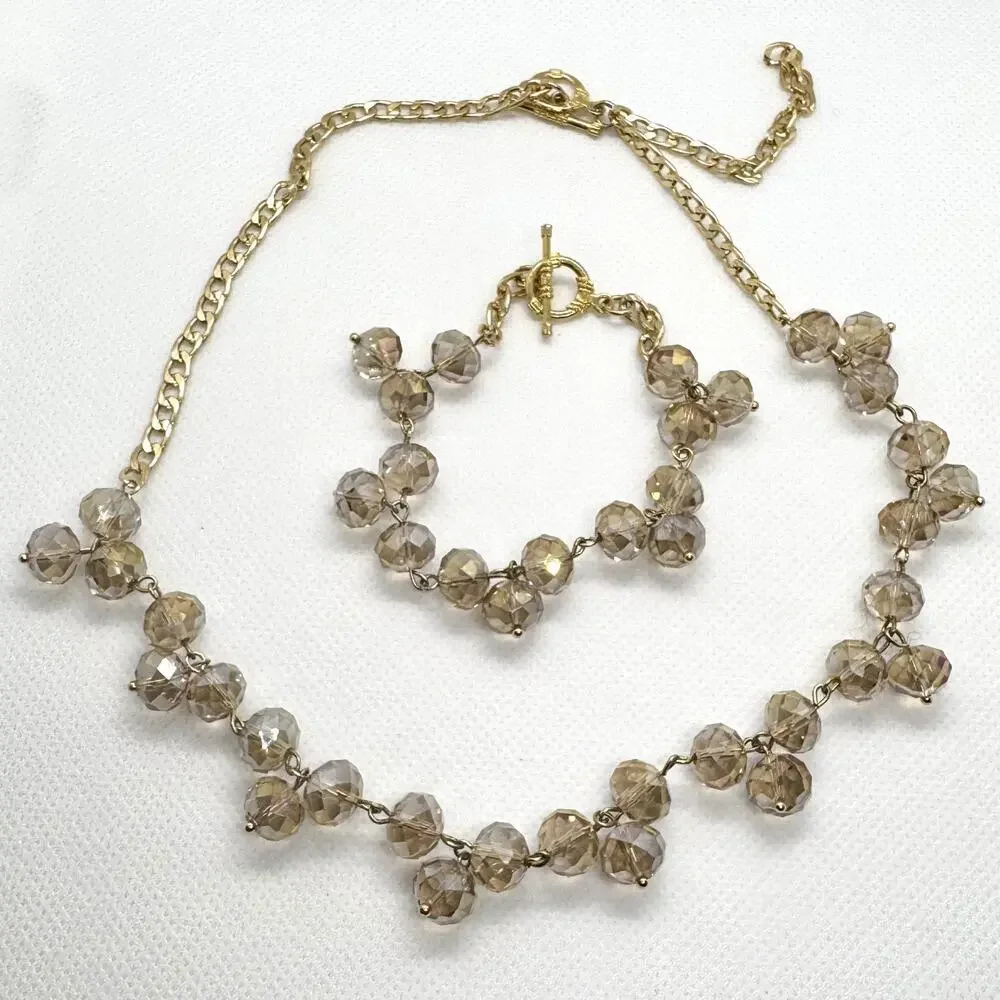 Vtg Faceted Champagne Crystal Bead Necklace & Bracelet Set Gold Tone Cluster
